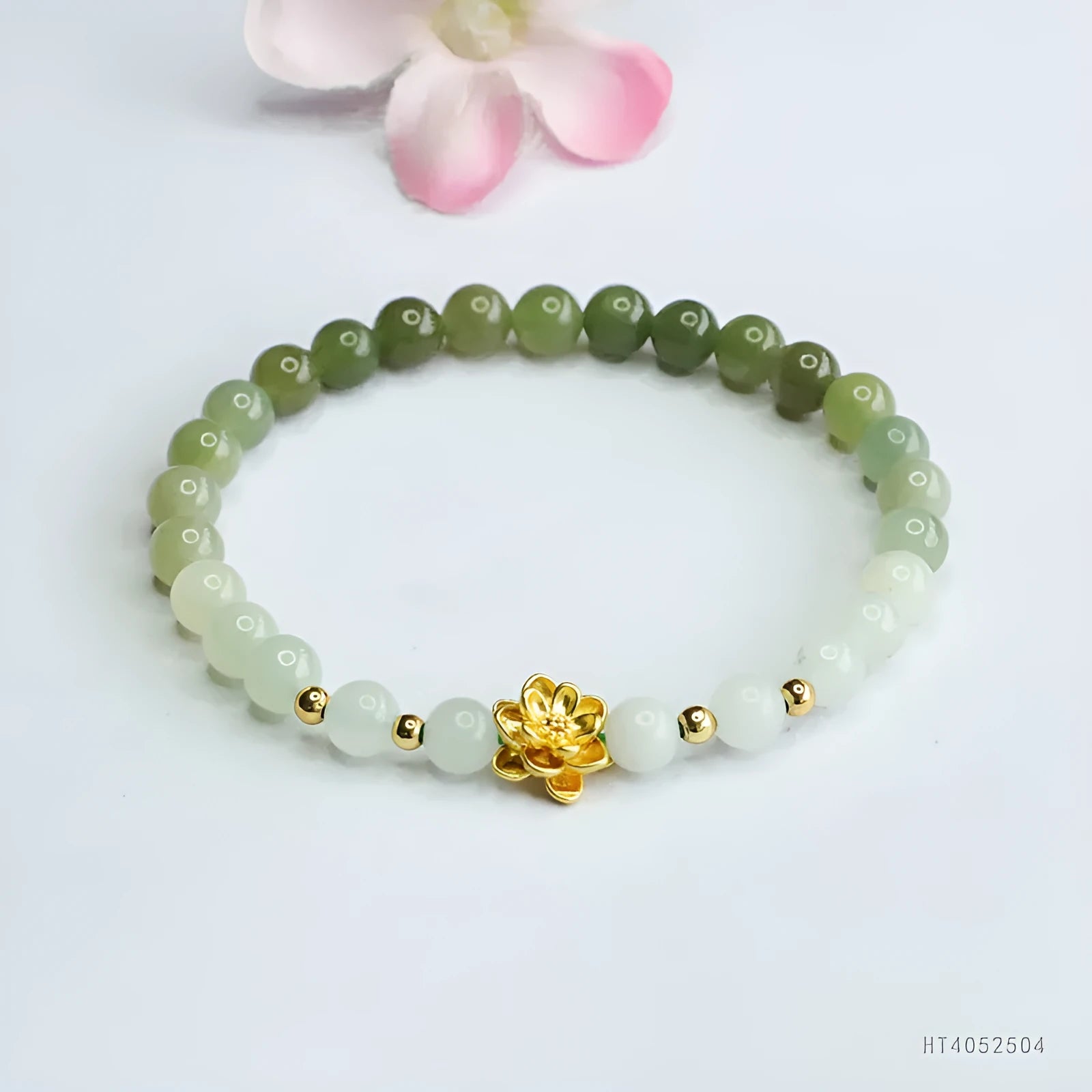 Hand-woven Hetian jade bracelet with sunshine water gradient colour and 6mm flower beads.
