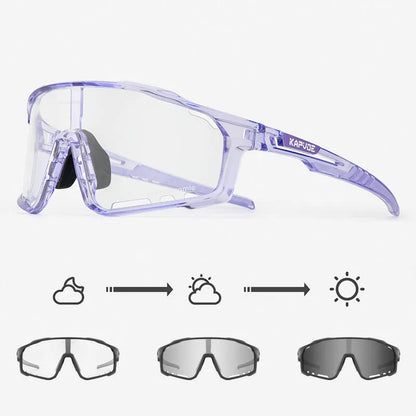 Photochromic cycling sunglasses with TR90 frame in semi-rimless unisex style on a solid colour background.