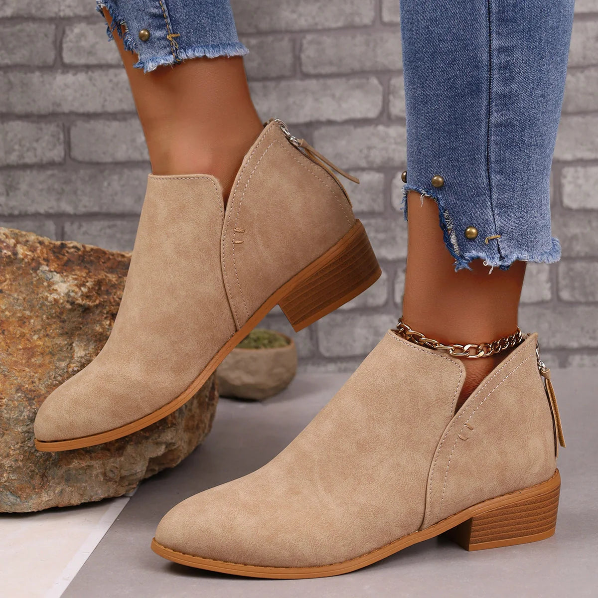 Women's chunky heel pointed toe ankle boots with V-cut design in khaki, off white, black, and pink