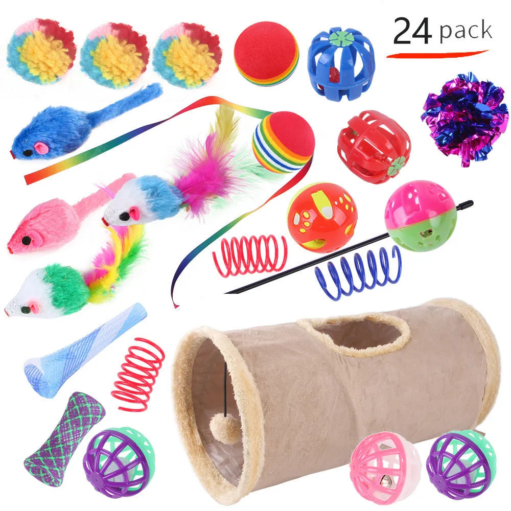 Plastic cat toy set with coloured tunnel channels and a ball for interactive indoor play.
