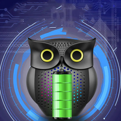 Black cartoon owl design wireless Bluetooth speaker measuring 4 inches tall with USB charging port