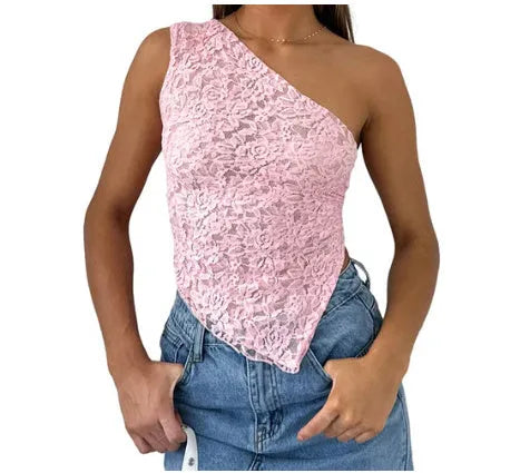Women's backless lace vest top with asymmetrical neckline in solid colour.