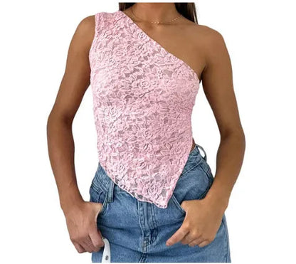 Women's backless lace vest top with asymmetrical neckline in solid colour.