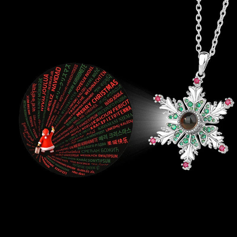 Shimmering copper snowflake necklace with projection design, creating a mesmerizing holiday accessory