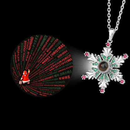 Shimmering copper snowflake necklace with projection design, creating a mesmerizing holiday accessory