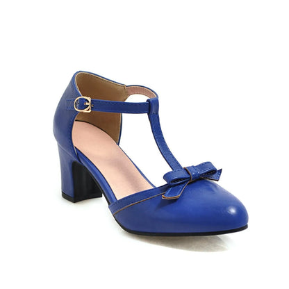 Women's apricot chunky heel sandals with bow tie, hollow-out detail, and an adjustable buckle strap.