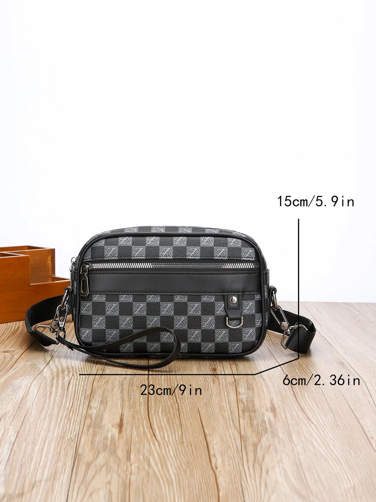 Men's casual geometric pattern messenger bag in PU leather with large capacity.