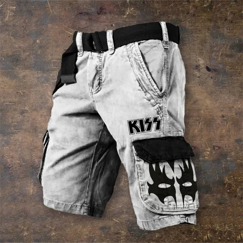 Man wearing grey 3D digitally printed polyester shorts with a zip fastening.