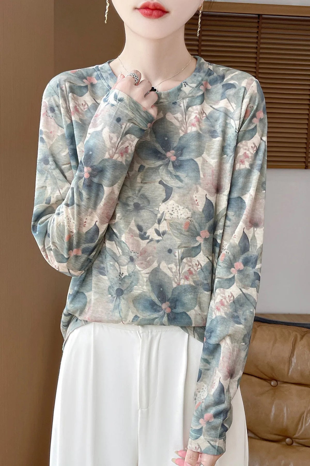 Women's round neck floral print pullover in Tencel cotton fabric, shown in a colourway from the range of five designs.