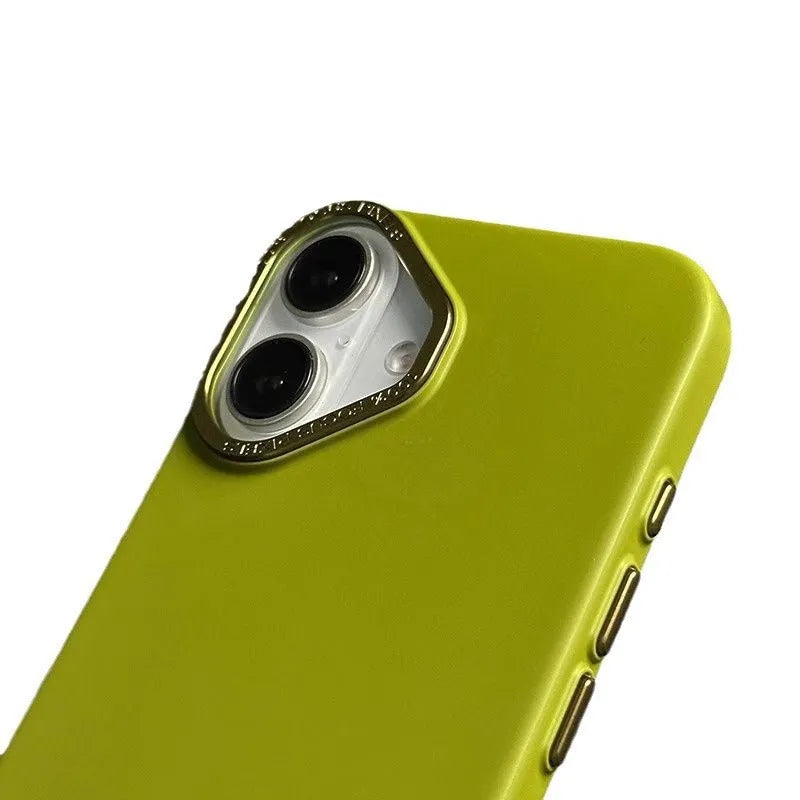 Ultra-thin frosted phone case with metal buttons and large metal hole in black for iPhone 14