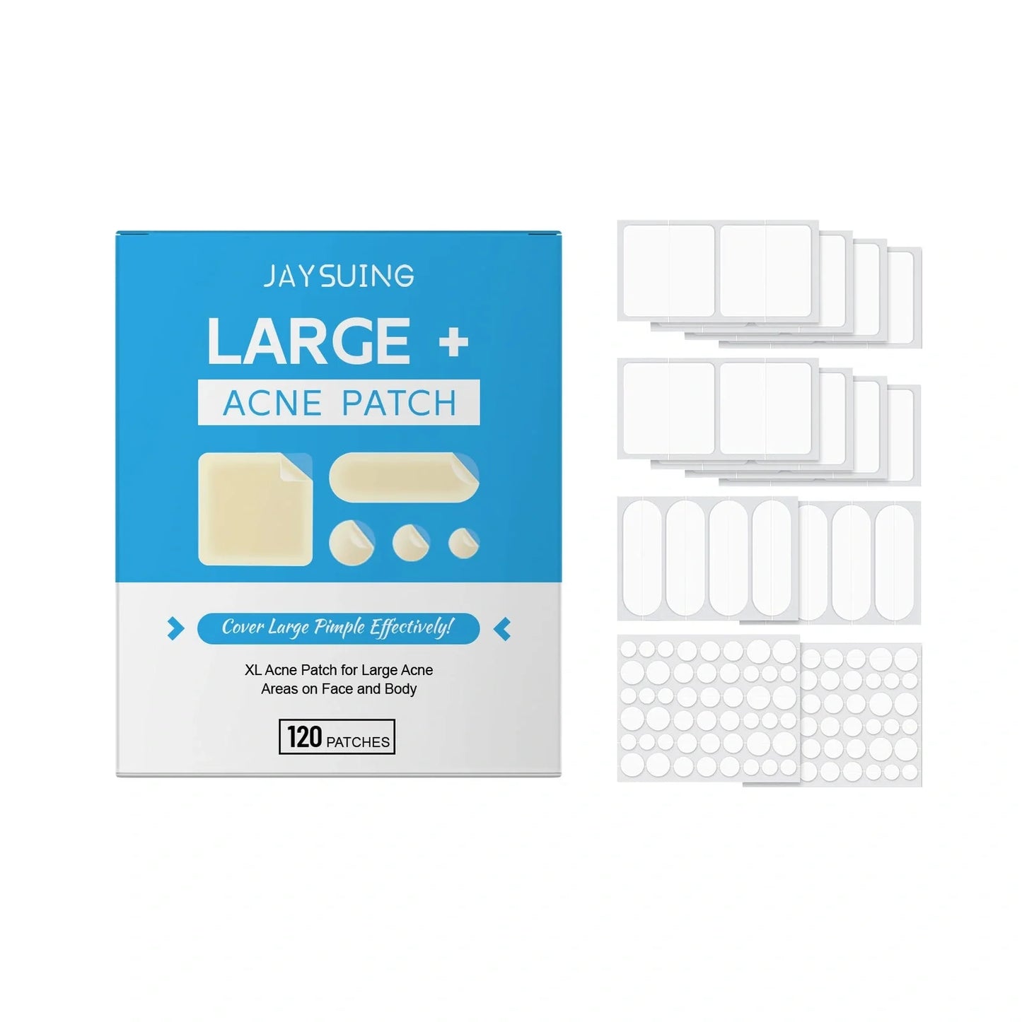 Transparent hydrocolloid acne patches on skin with tea tree oil and mint leaf ingredients