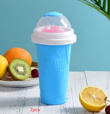 Smoothie cup in mint green or light pink with lid, straw spoon, and 201-300ml capacity for quick slush making