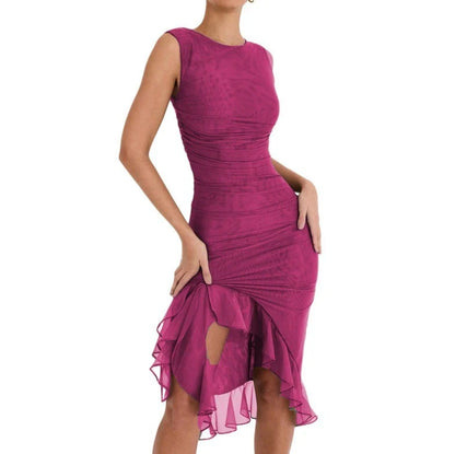 Chic sleeveless sheath dress in various colors, featuring a unique collage/splicing design and a form-fitting silhouette