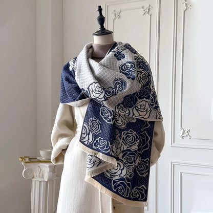 Cashmere-like winter scarf in grey, black, blue, or khaki with tassel details, shown flat to display its 185x65cm size.