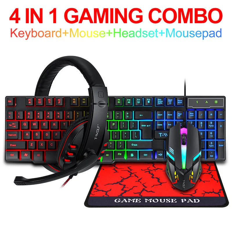 Gaming keyboard mouse set wired USB bundle with luminous effects for PC gaming and office work including headset and mouse pad in Thunder Wolf T800 or Spirit Snake configurations, featuring optical mouse with 1600dpi resolution and full-size keyboard