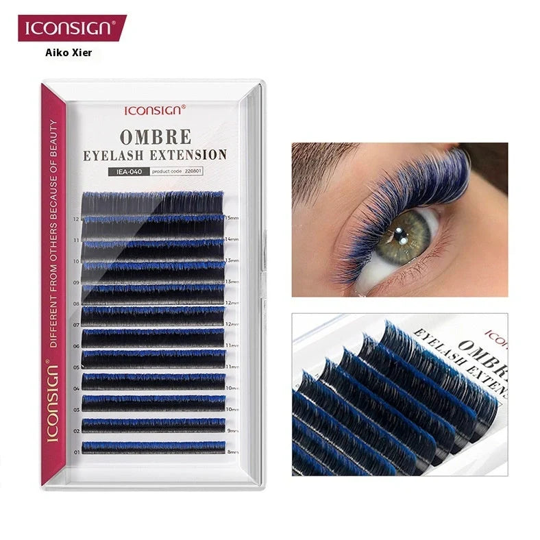 Single graft gradient coloured eyelashes showing four colour options with 8-15mm mixed lengths on fibre material