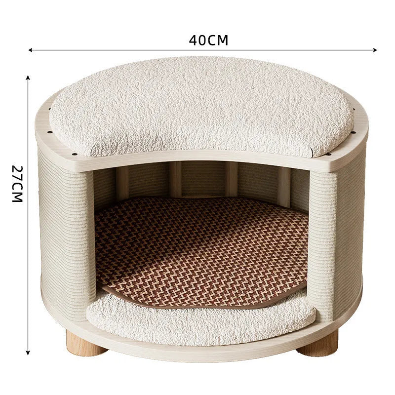 Solid wood cat nest with reversible summer mat and plush cushion, available in grey, white, plaid, and warm orange