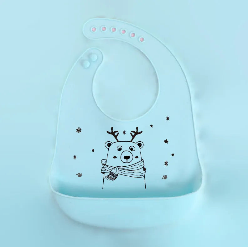 Silicone baby bib with cartoon print, waterproof and antifouling, for ages 0-6 years
