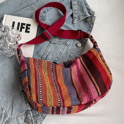 Women's ethnic style canvas crossbody dumpling bag in multiple colours with decorative sewing thread details
