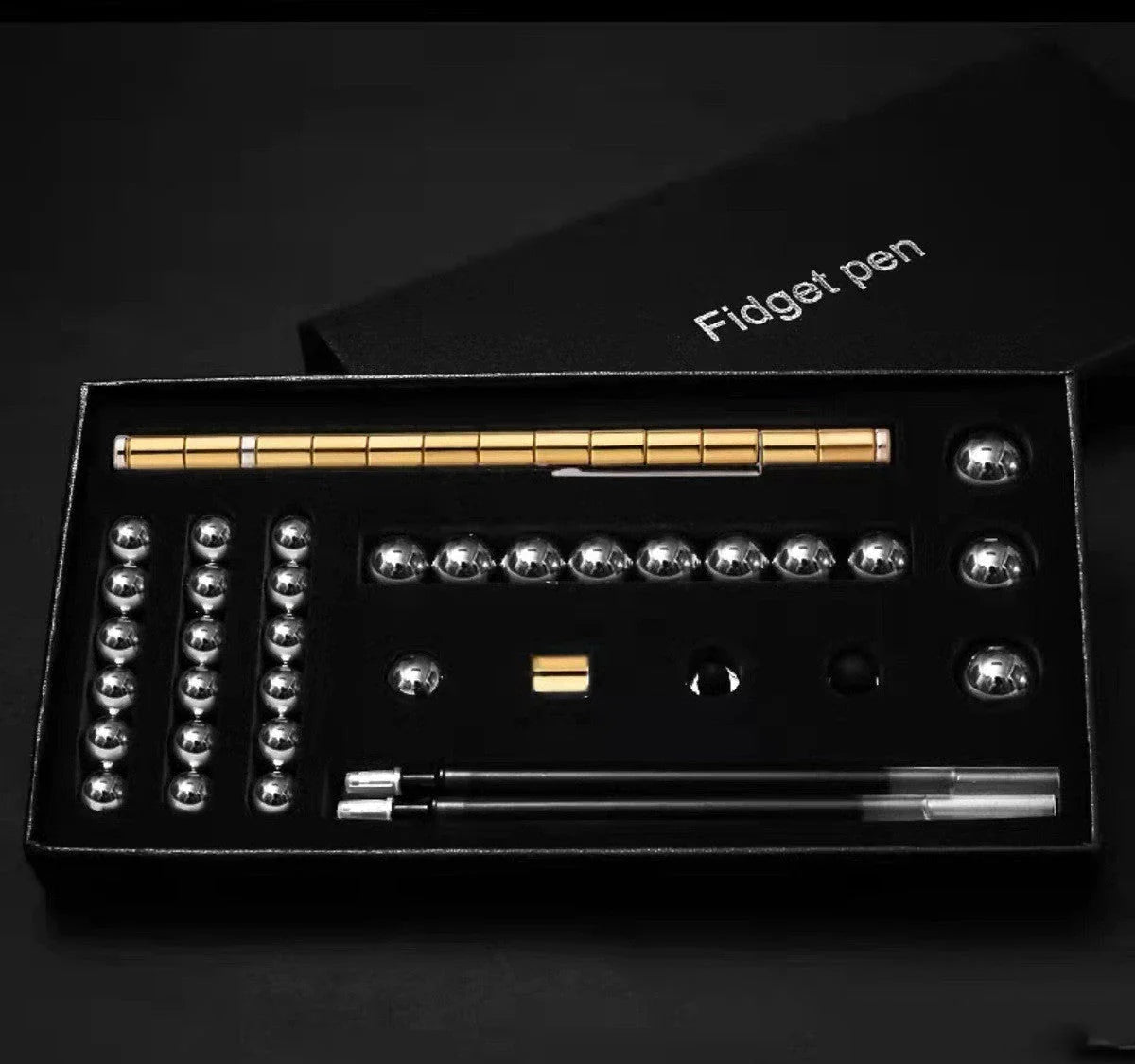 Modular magnetic pen with erasable ink, stress-relieving fidget features, and interchangeable components