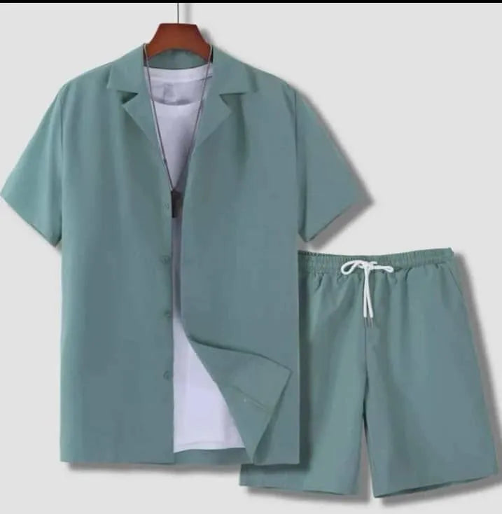 Men's short sleeve Cuban collar sport suit set with matching polyester shorts in multiple colour options