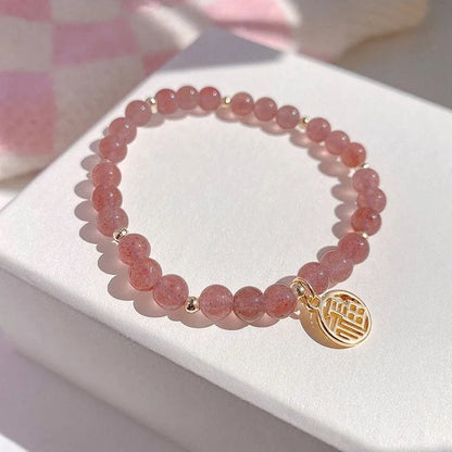 Handmade strawberry quartz blessing card bracelet with glass beads in new Chinese style.