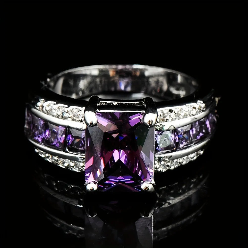 Personalised diamond-treated zinc alloy rings in blue and purple designs with size options 6-11