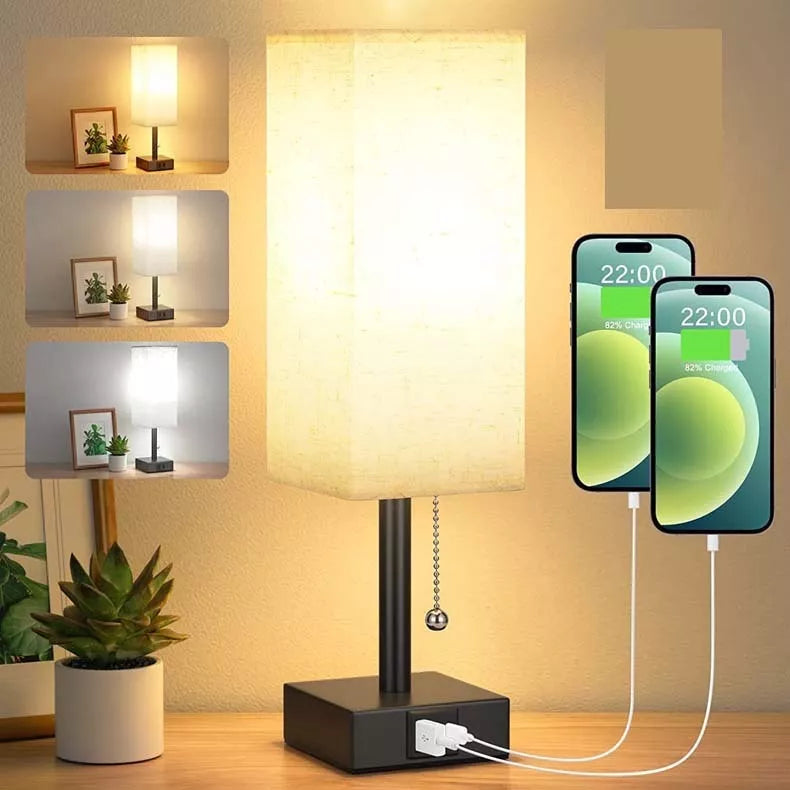 Bedside table lamp with adjustable brightness and USB ports in various colours