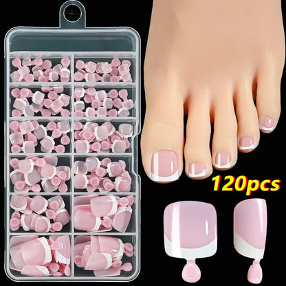 120-piece French white edge toenail pieces in nine natural nude shades, full square short shape for easy application