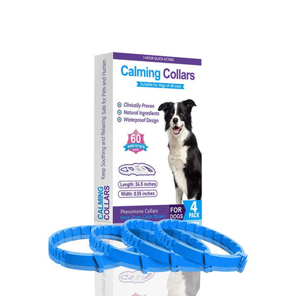 Four adjustable dog anxiety collars with Chinese style patterns in different colours showing 62cm length and TPR material