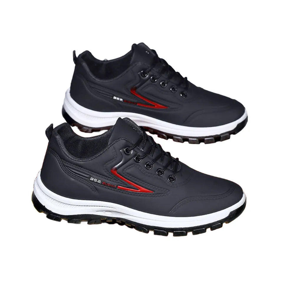 Black and red waterproof leisure sports shoes with PU upper and plastic sole