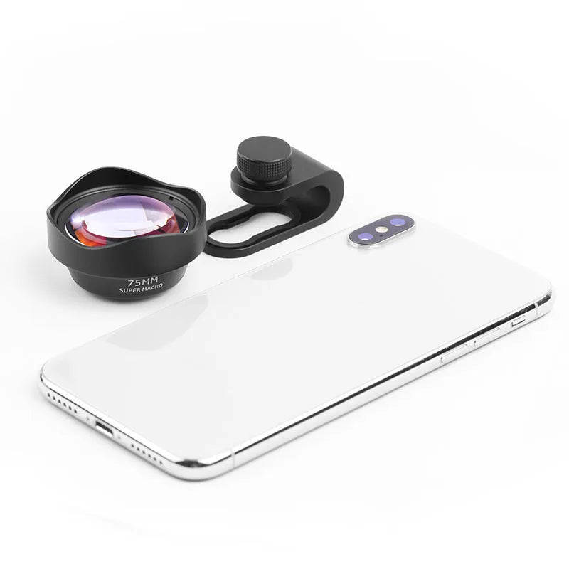 Universal mobile phone macro lens compatible with most smartphones for close-up photography with a dust-resistant storage bag included and a protective cover provided