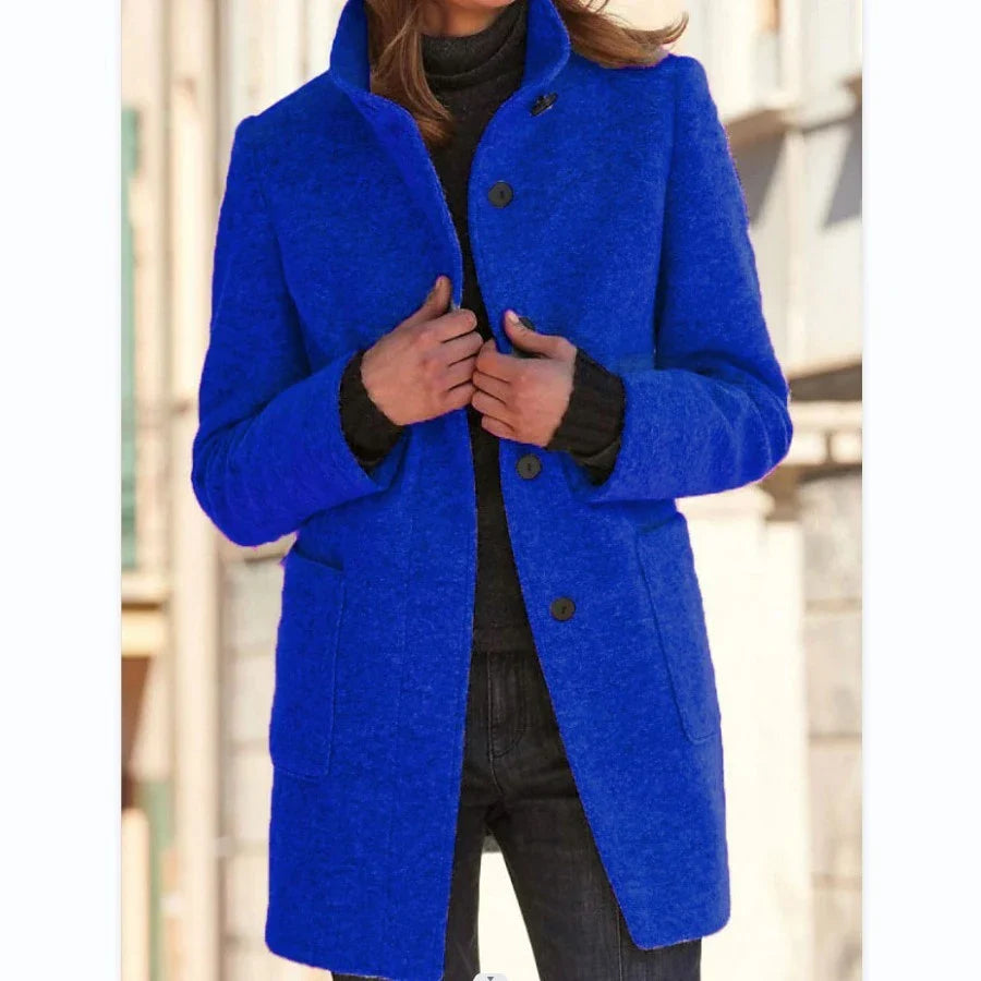 Stylish wool coat with stand collar, pockets, and slim fit design for casual winter wear.