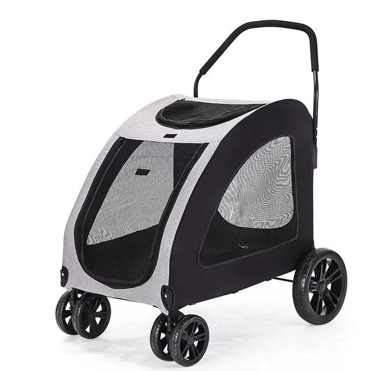 Foldable pet stroller for medium to large dogs in grey, blue, red, or black