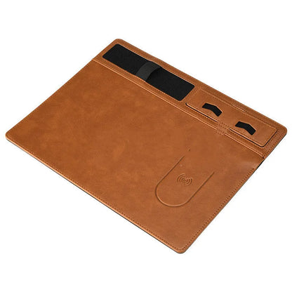 PU leather wireless charging mouse pad with phone holder in black, brown, grey, or pink colours