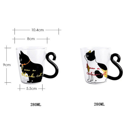 Adorable cat-themed glass mug with a whimsical cat-shaped handle, perfect for coffee, tea, and juice lovers