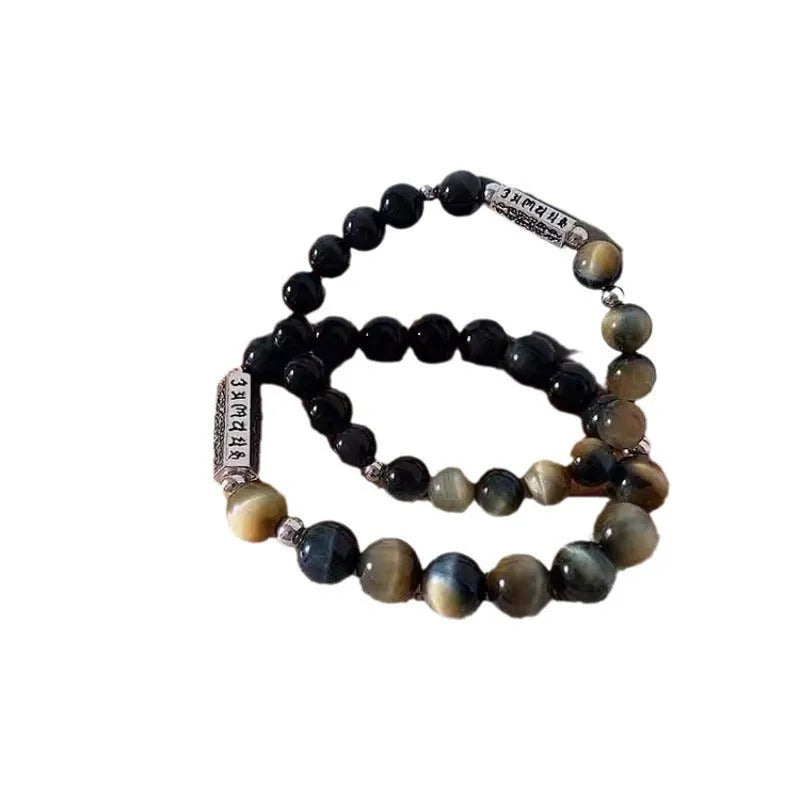 Tigereye Obsidian S925 sterling silver bracelet with Six Words Mantra couple design and round obsidian beads