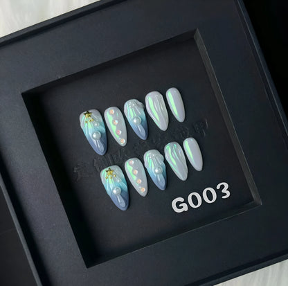 Blue shell design plastic nail tips in sizes XS, S, M, L from Hailang.