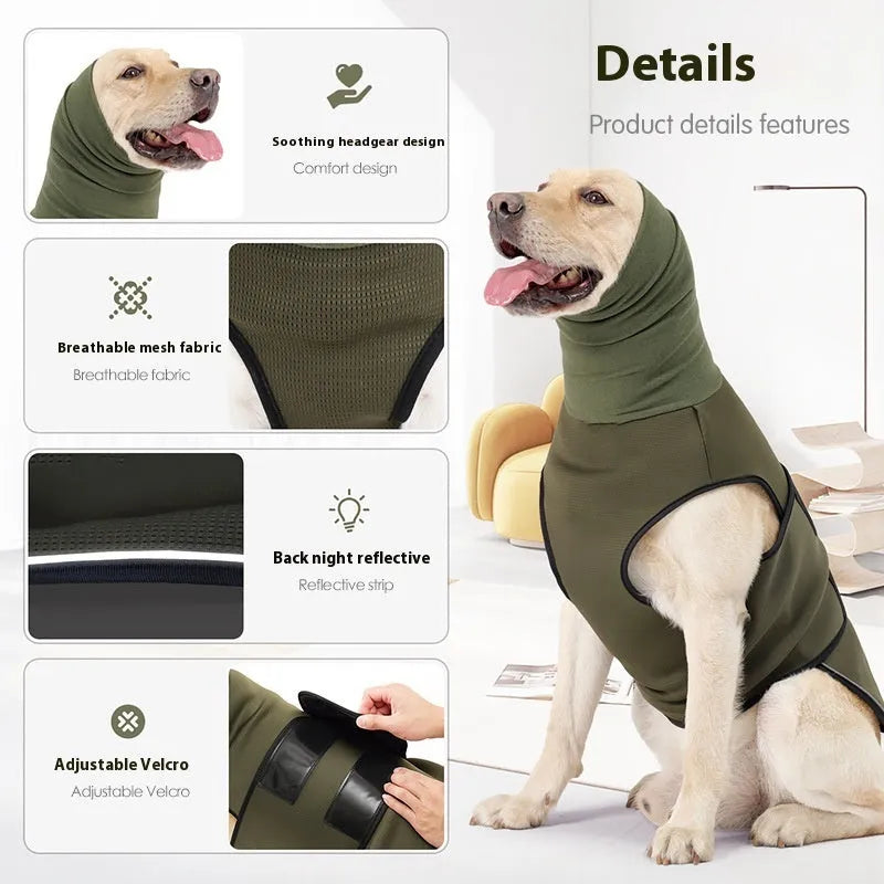 Polyester dog anti-anxiety jacket in army green colour showing mood soothing design for canine pets