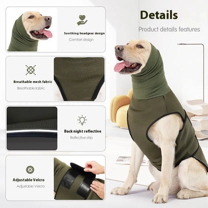 Polyester dog anti-anxiety jacket in army green colour showing mood soothing design for canine pets