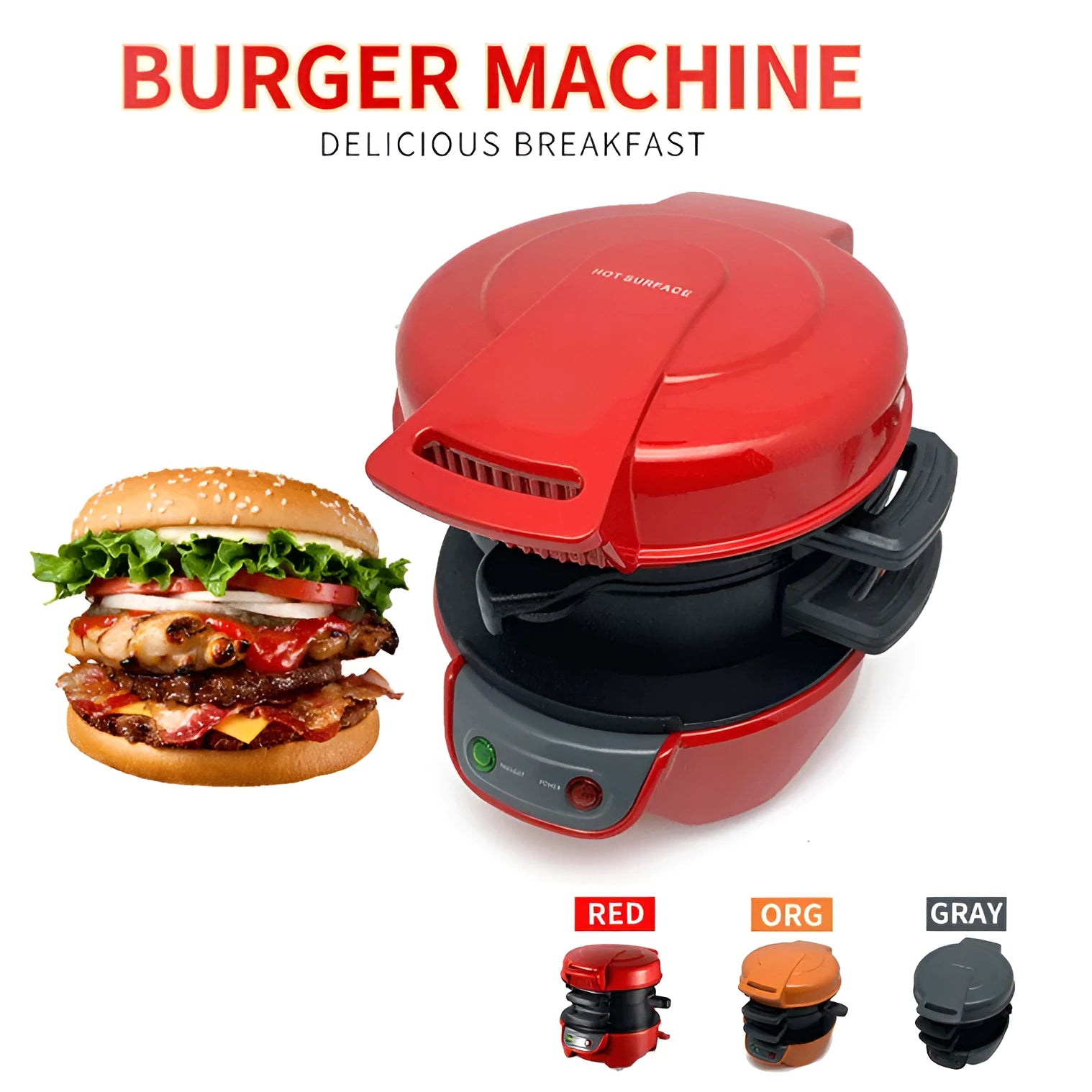Household breakfast machine with sandwich maker and egg cooker ring in red, orange or silver grey