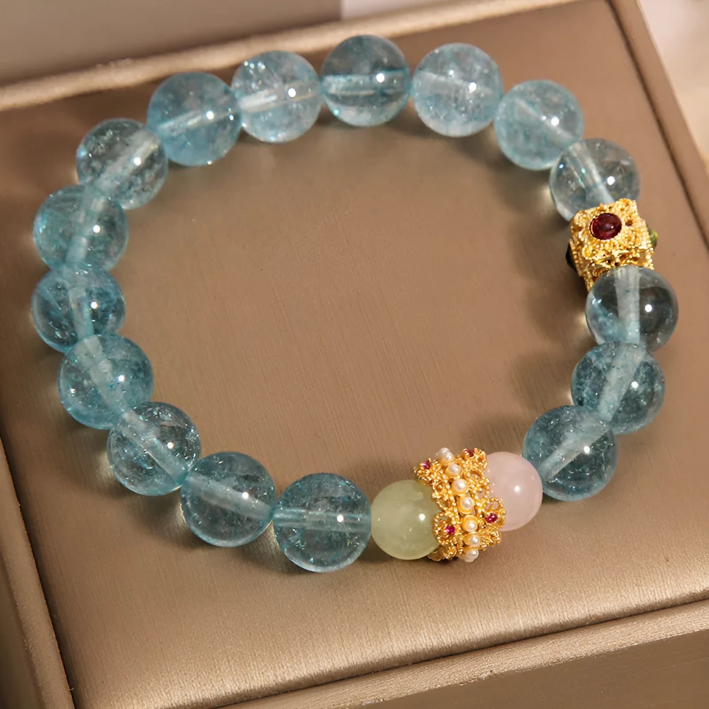 Blue and colourful cube sugar crystal bracelet with flexible ring in a Chinese style for women.