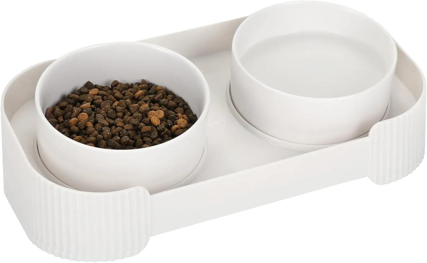Green ceramic elevated cat bowl set with two tilted dishes on a stand with a spill-proof rim