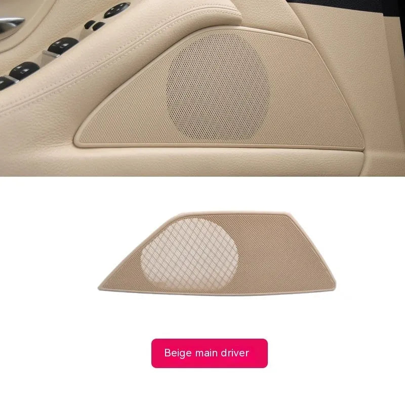 BMW 5 Series door speaker cover made from ABS PC material measuring 28.5cm by 11cm by 5cm available in six colour options including beige, black, grey, mocha, off-white, and red brown.