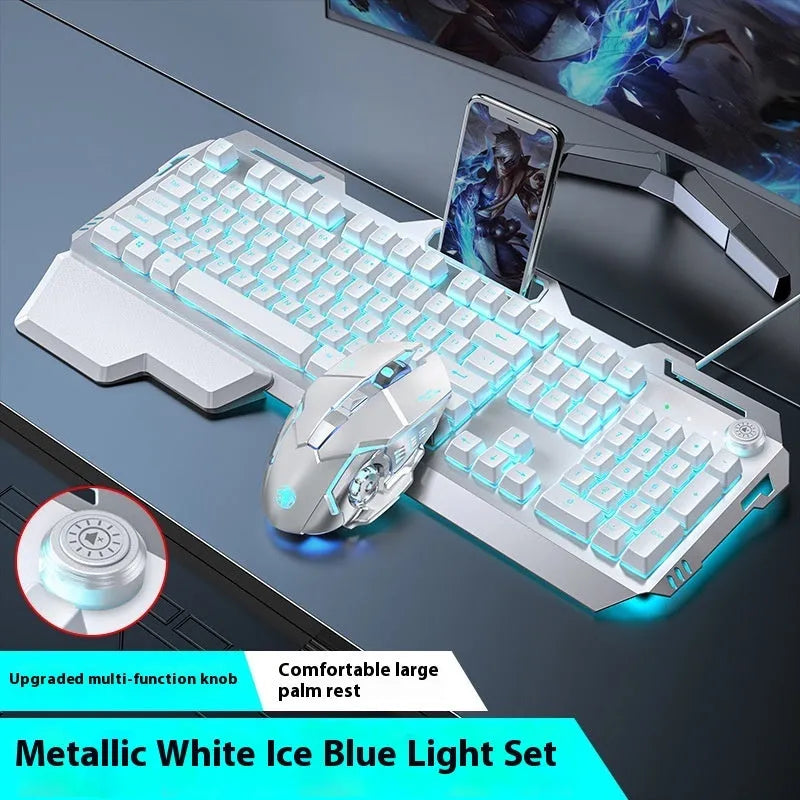 Aluminium alloy mechanical gaming keyboard with rainbow lighting, shown with a macro mouse and gaming headset.