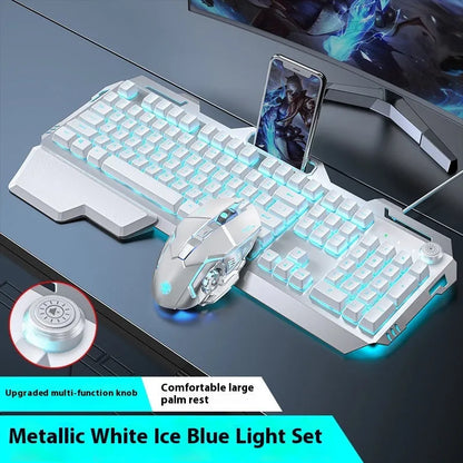 Aluminium alloy mechanical gaming keyboard with rainbow lighting, shown with a macro mouse and gaming headset.