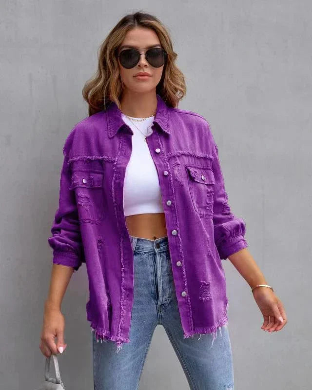 Stylish ripped denim jacket for trendy women in a variety of vibrant colors