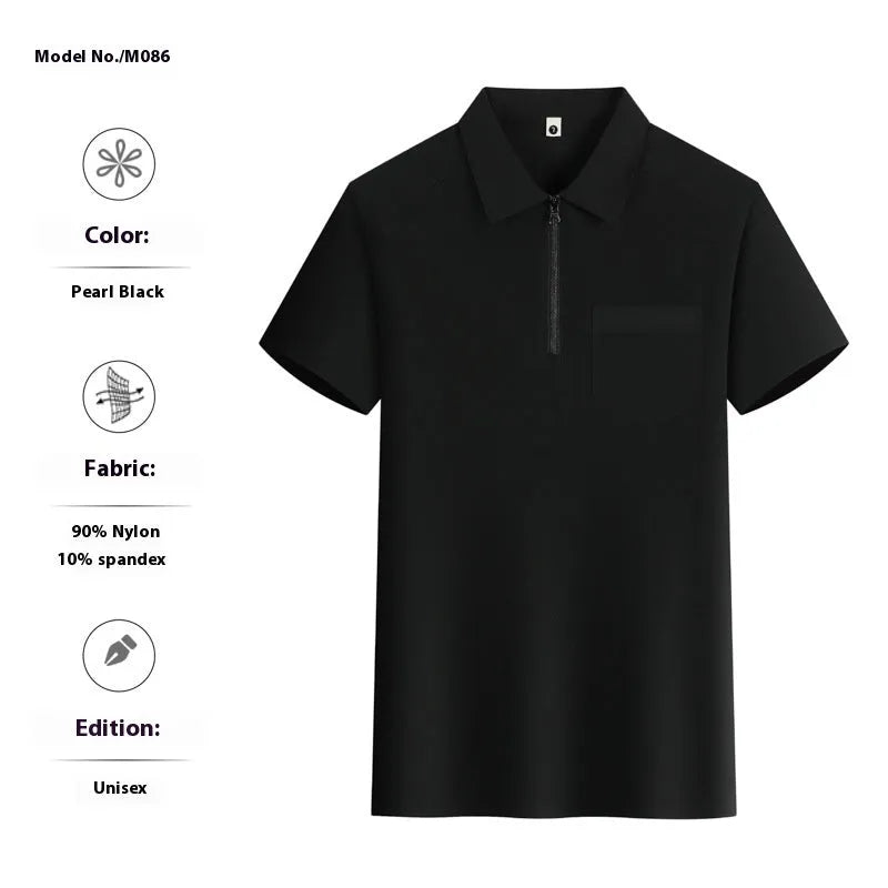 Short sleeve nylon advertising shirt with zipper pockets on lapels in silver fox grey colour