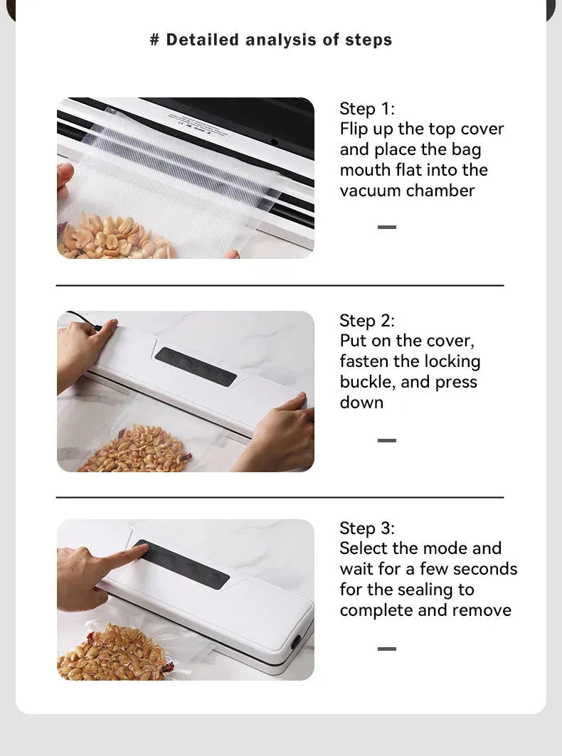 Black automatic vacuum sealer with 30cm sealing bar on kitchen counter next to vacuum-sealed food packages