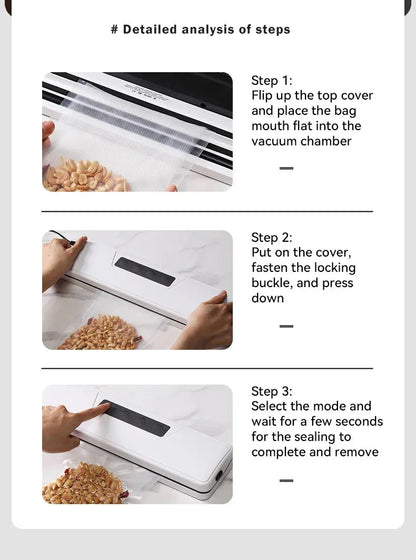 Black automatic vacuum sealer with 30cm sealing bar on kitchen counter next to vacuum-sealed food packages
